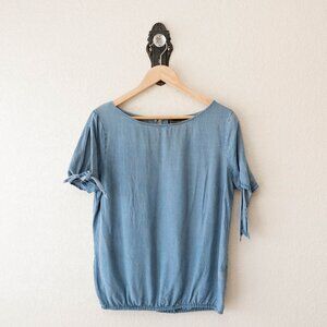 NY&Co Medium Blue Lyocell Tie Sleeve Top Soft Denim Look Lightweight Blouse